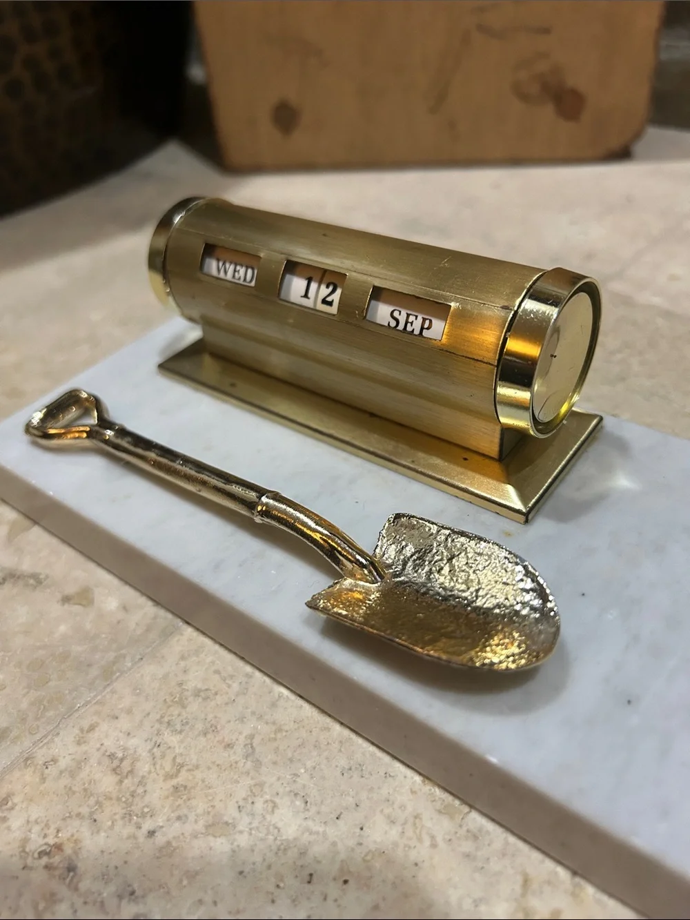 Vintage Brass Desk Perpetual Calendar with Marble Base and Shovel Accent